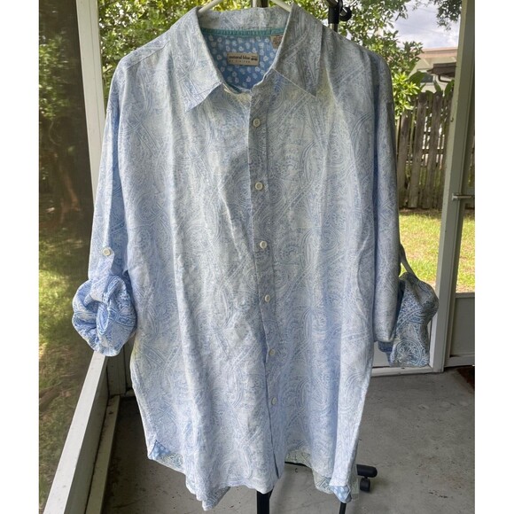 Natural Blue Men's 2XL Button Down  Roll Tab Linen Cotton Blue Paisley Contrast - Picture 6 of 9